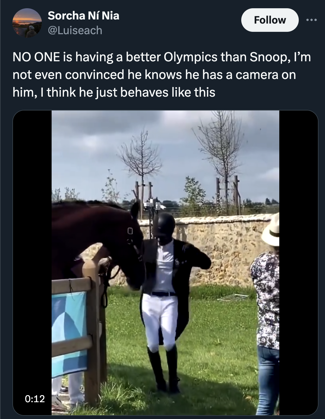 screenshot - Sorcha N Nia No One is having a better Olympics than Snoop, I'm not even convinced he knows he has a camera on him, I think he just behaves this